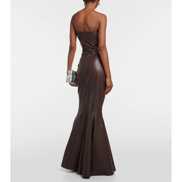 NWT Norma Kamali Strapless Faux Leather Fishtail Gown Chocolate Brown Size L - Picture 6 of 16